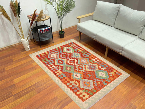 handmade Geometric Kilim Rust Beige Hand-Woven RECTANGLE 100% WOOL area rug 4 x 6