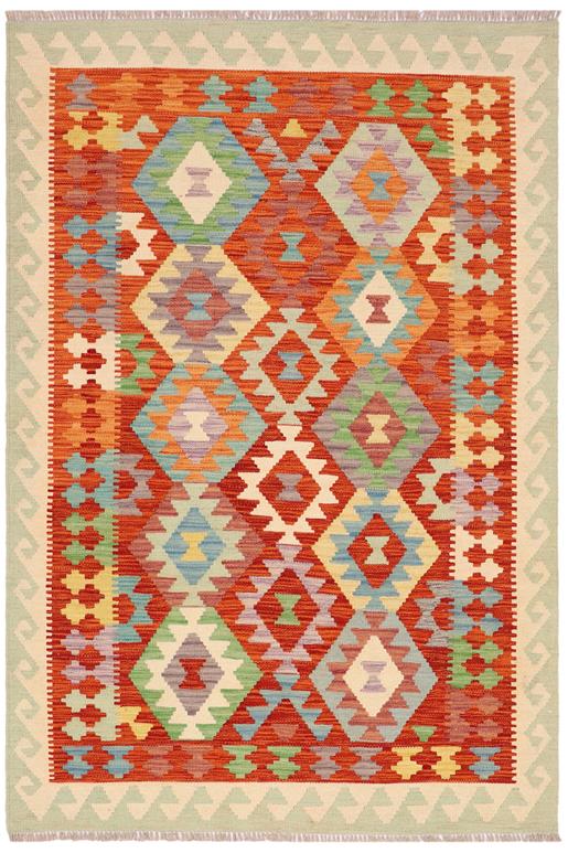 Flat Weave Kilim Antique Navaho Vintage handmade Geometric Kilim Rust Beige Hand-Woven Rectangle 100% Wool Area Rug 4x6 