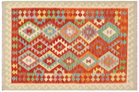 handmade Geometric Kilim Rust Beige Hand-Woven RECTANGLE 100% WOOL area rug 4 x 6