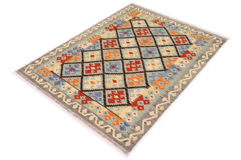 handmade Geometric Kilim Blue Rust Hand-Woven RECTANGLE 100% WOOL area rug 4 x 6