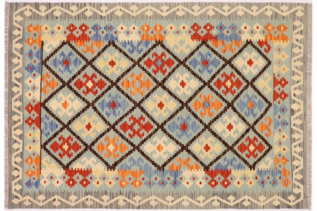 handmade Geometric Kilim Blue Rust Hand-Woven RECTANGLE 100% WOOL area rug 4 x 6