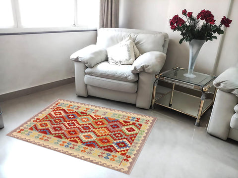 handmade Geometric Kilim Rust Blue Hand-Woven RECTANGLE 100% WOOL area rug 4 x 6