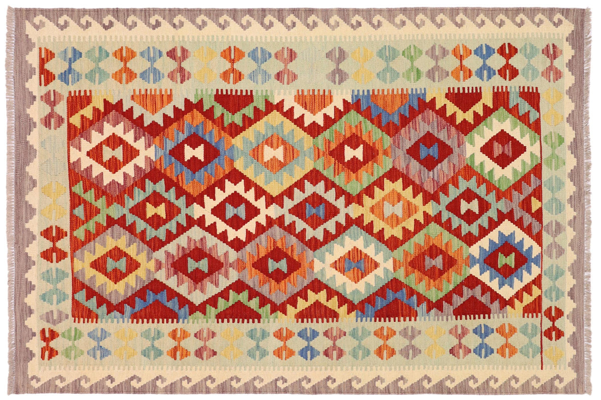 handmade Geometric Kilim Rust Blue Hand-Woven RECTANGLE 100% WOOL area rug 4 x 6