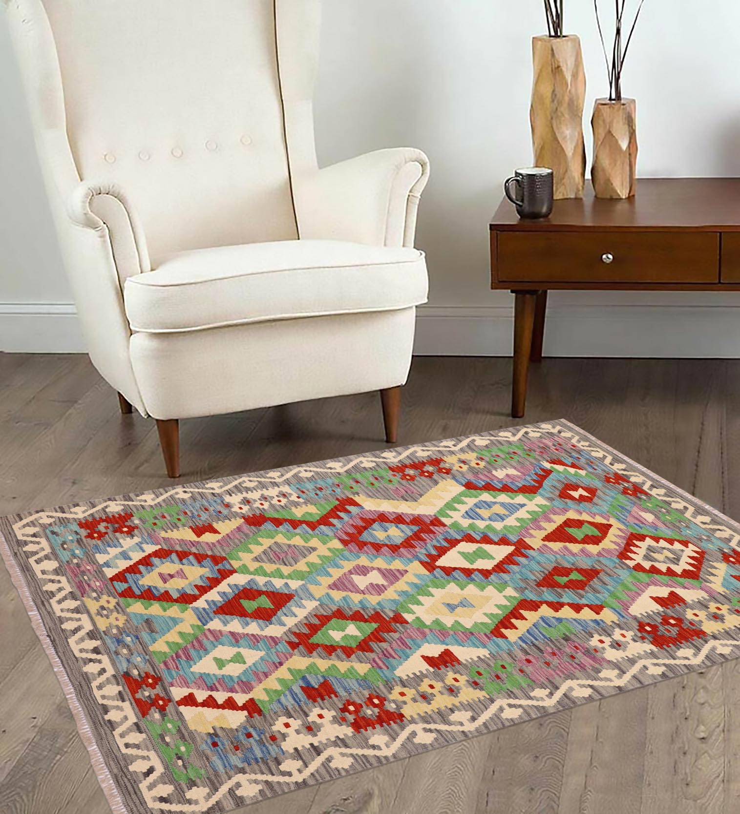 handmade Geometric Kilim Blue Gray Hand-Woven RECTANGLE 100% WOOL area rug 4 x 6