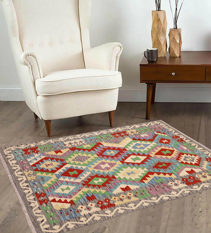 handmade Geometric Kilim Blue Gray Hand-Woven RECTANGLE 100% WOOL area rug 4 x 6