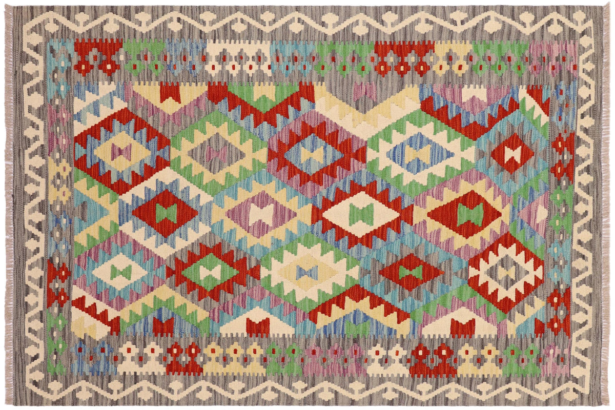 handmade Geometric Kilim Blue Gray Hand-Woven RECTANGLE 100% WOOL area rug 4 x 6