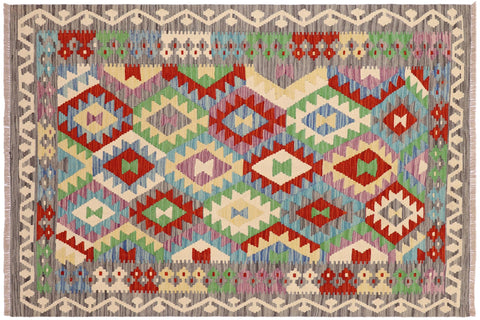 handmade Geometric Kilim Blue Gray Hand-Woven RECTANGLE 100% WOOL area rug 4 x 6