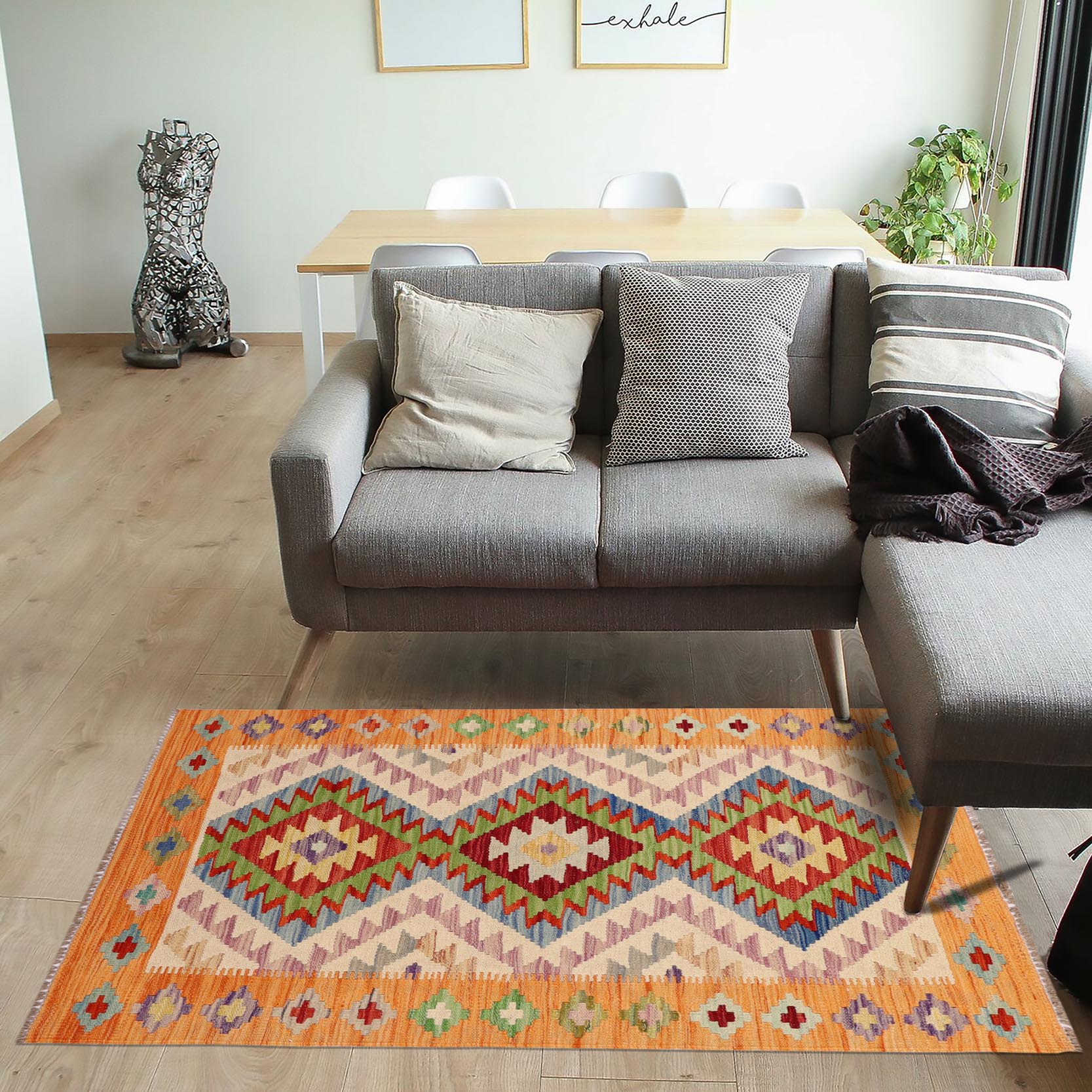 handmade Geometric Kilim Beige Blue Hand-Woven RECTANGLE 100% WOOL area rug 3' x 4'