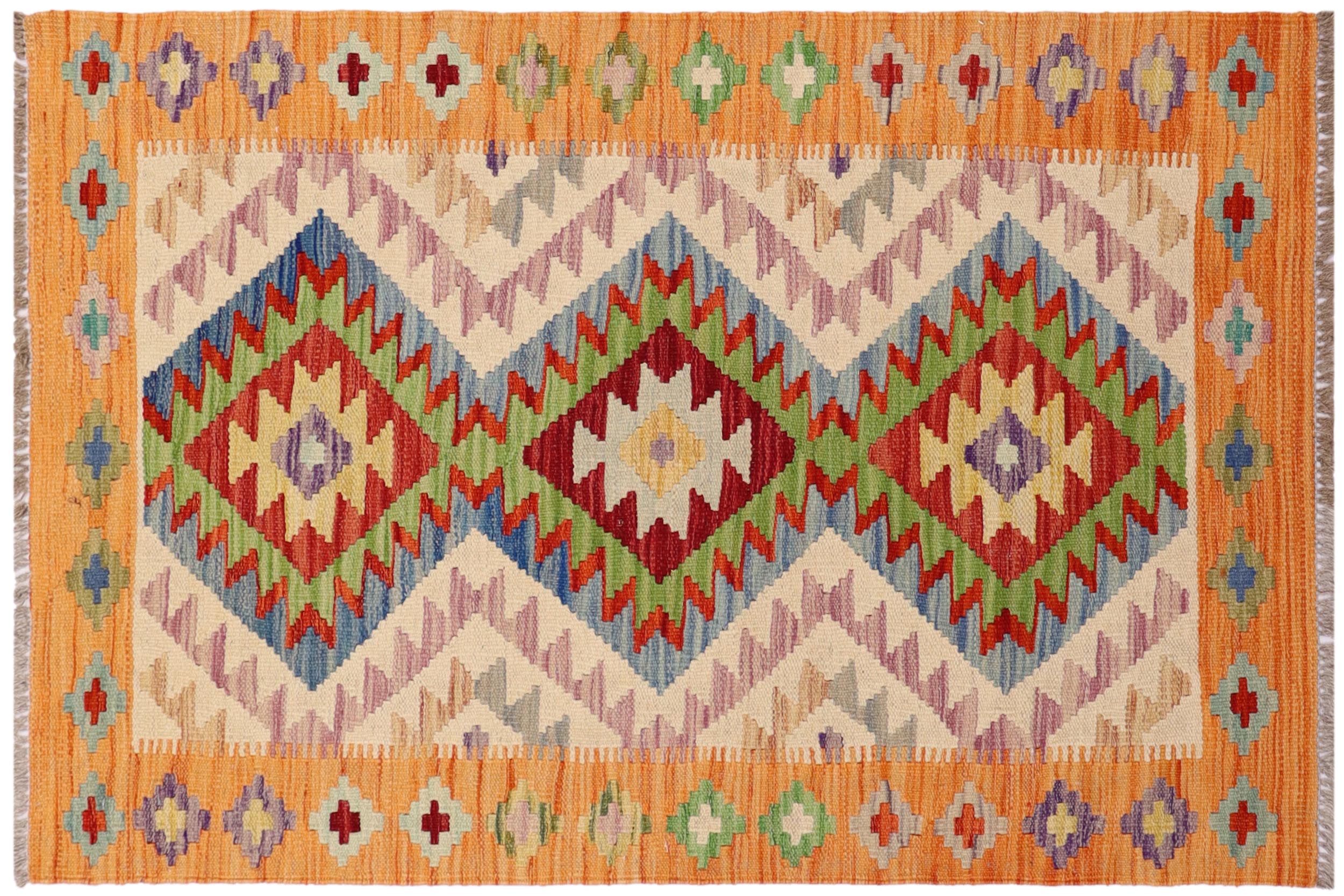 handmade Geometric Kilim Beige Blue Hand-Woven RECTANGLE 100% WOOL area rug 3' x 4'