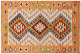 Flat Weave Kilim, Antique, Navaho, Vintage, Handmade, Geometric Kilim Beige Blue Hand-Woven Rectangle 100% Wool Area Rug 3 x 4