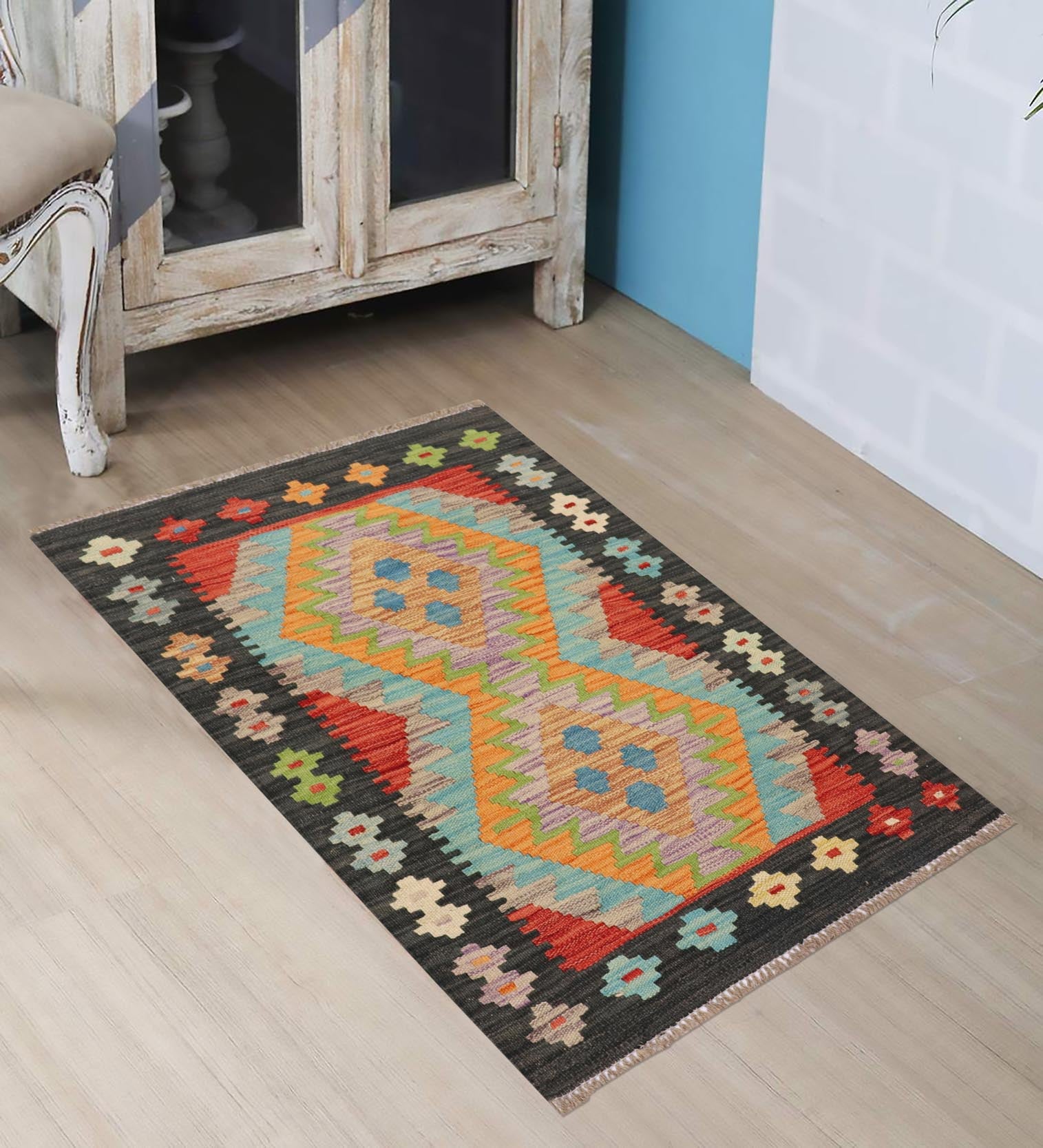 handmade Geometric Kilim Blue Black Hand-Woven RECTANGLE 100% WOOL area rug 2' x 3'