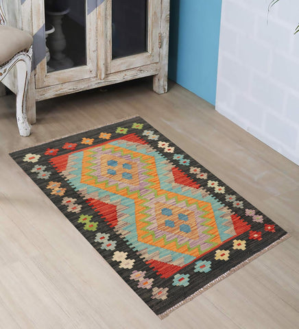 handmade Geometric Kilim Blue Black Hand-Woven RECTANGLE 100% WOOL area rug 2' x 3'