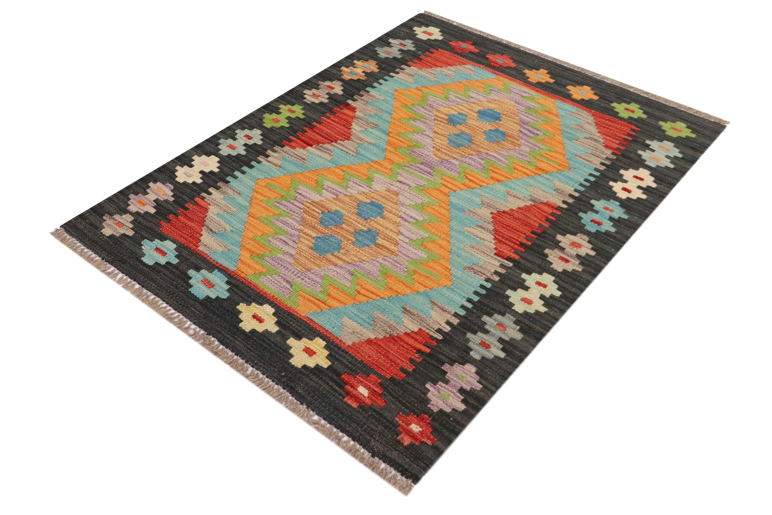 handmade Geometric Kilim Blue Black Hand-Woven RECTANGLE 100% WOOL area rug 2' x 3'