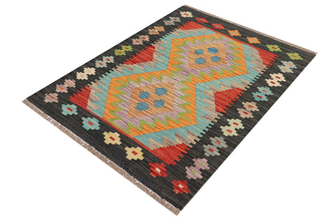 handmade Geometric Kilim Blue Black Hand-Woven RECTANGLE 100% WOOL area rug 2' x 3'