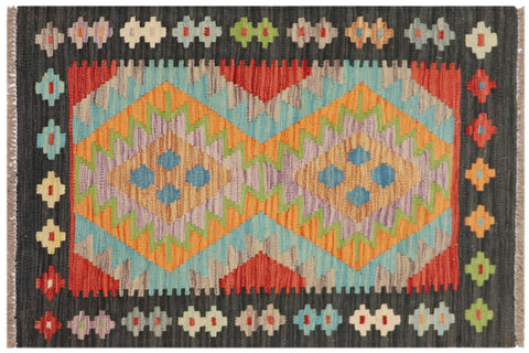 handmade Geometric Kilim Blue Black Hand-Woven RECTANGLE 100% WOOL area rug 2' x 3'