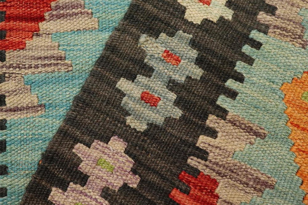 Flat Weave Kilim Antique Navaho Vintage handmade Geometric Kilim Blue Black Hand-Woven Rectangle 100% Wool Area Rug 2x3 