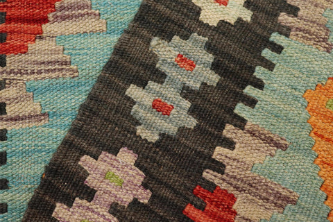 handmade Geometric Kilim Blue Black Hand-Woven RECTANGLE 100% WOOL area rug 2' x 3'