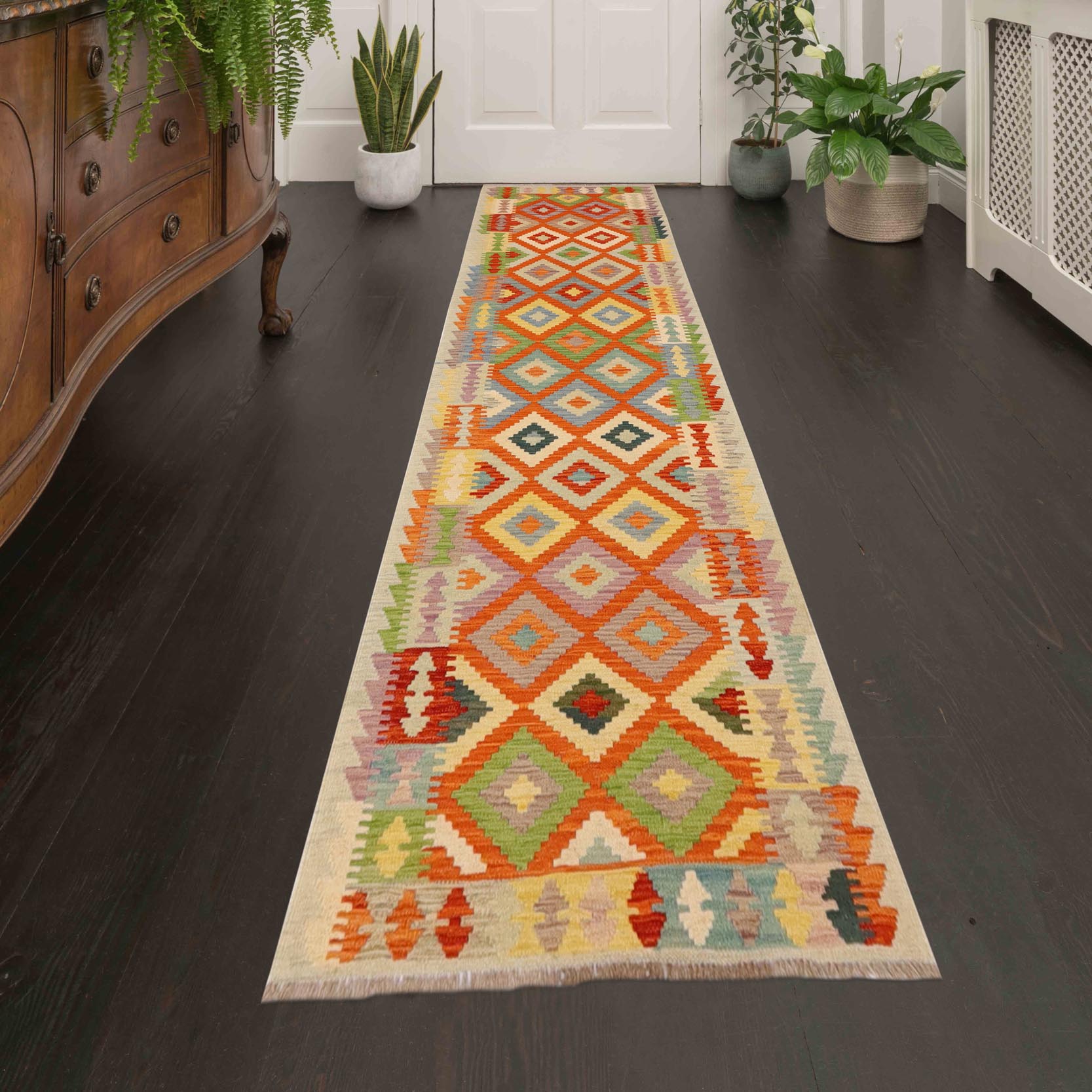 handmade Geometric Kilim Orange Blue Hand-Woven RUNNER 100% WOOL area rug 3 x 10