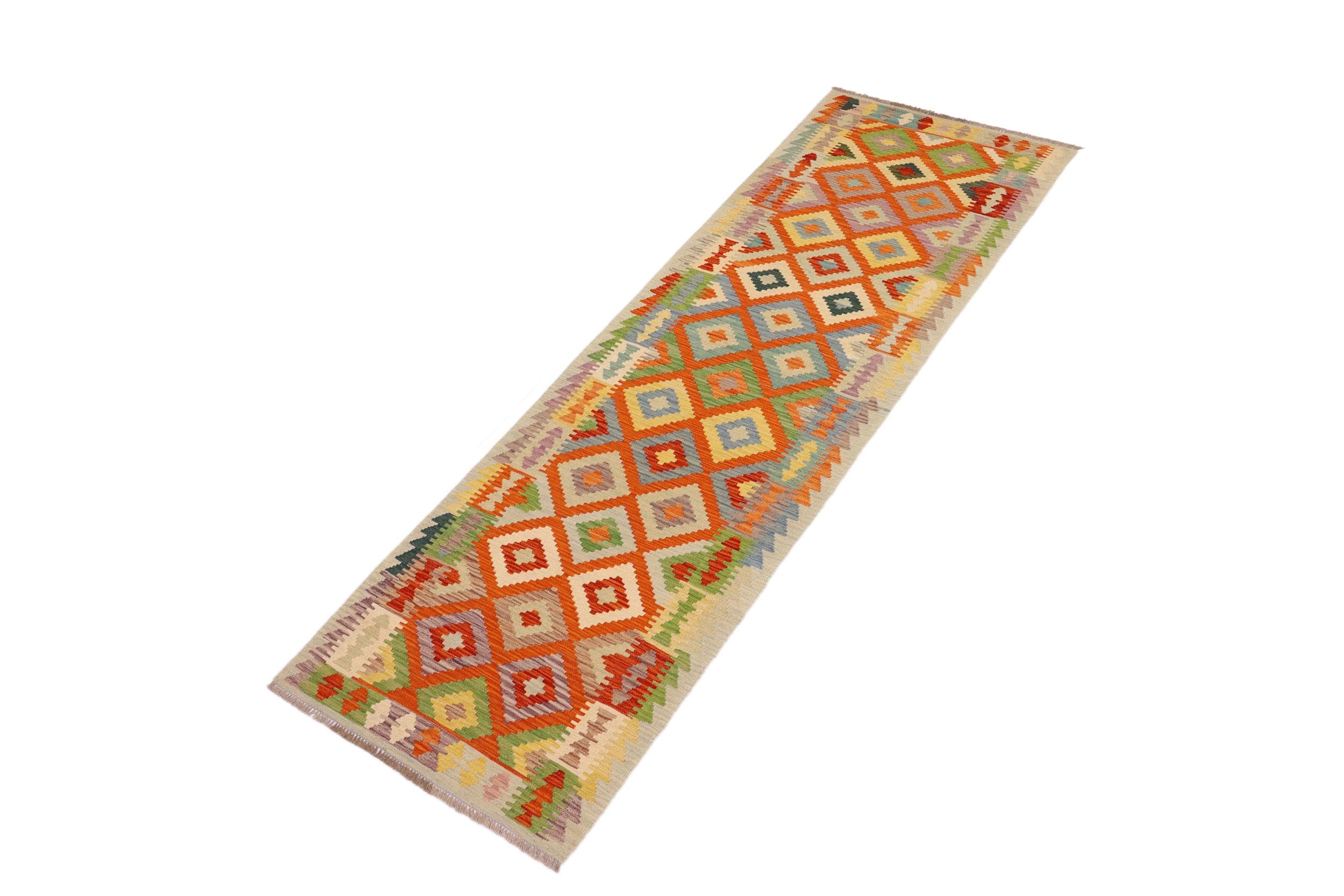 handmade Geometric Kilim Orange Blue Hand-Woven RUNNER 100% WOOL area rug 3 x 10