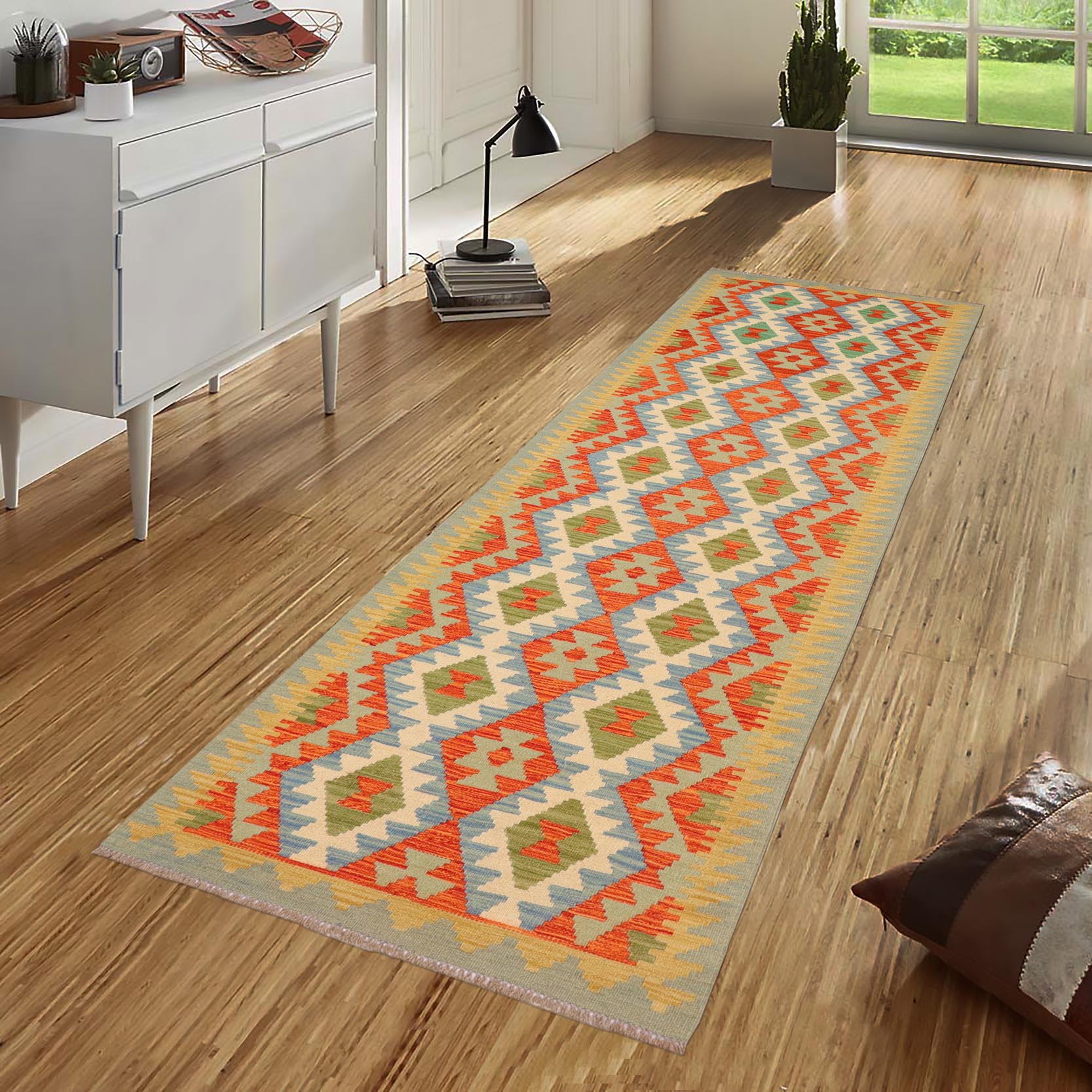 handmade Geometric Kilim Rust Blue Hand-Woven RUNNER 100% WOOL area rug 3 x 10