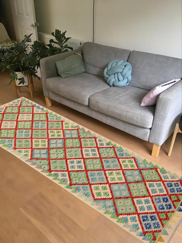 handmade Geometric Kilim Red Blue Hand-Woven RUNNER 100% WOOL area rug 3 x 10