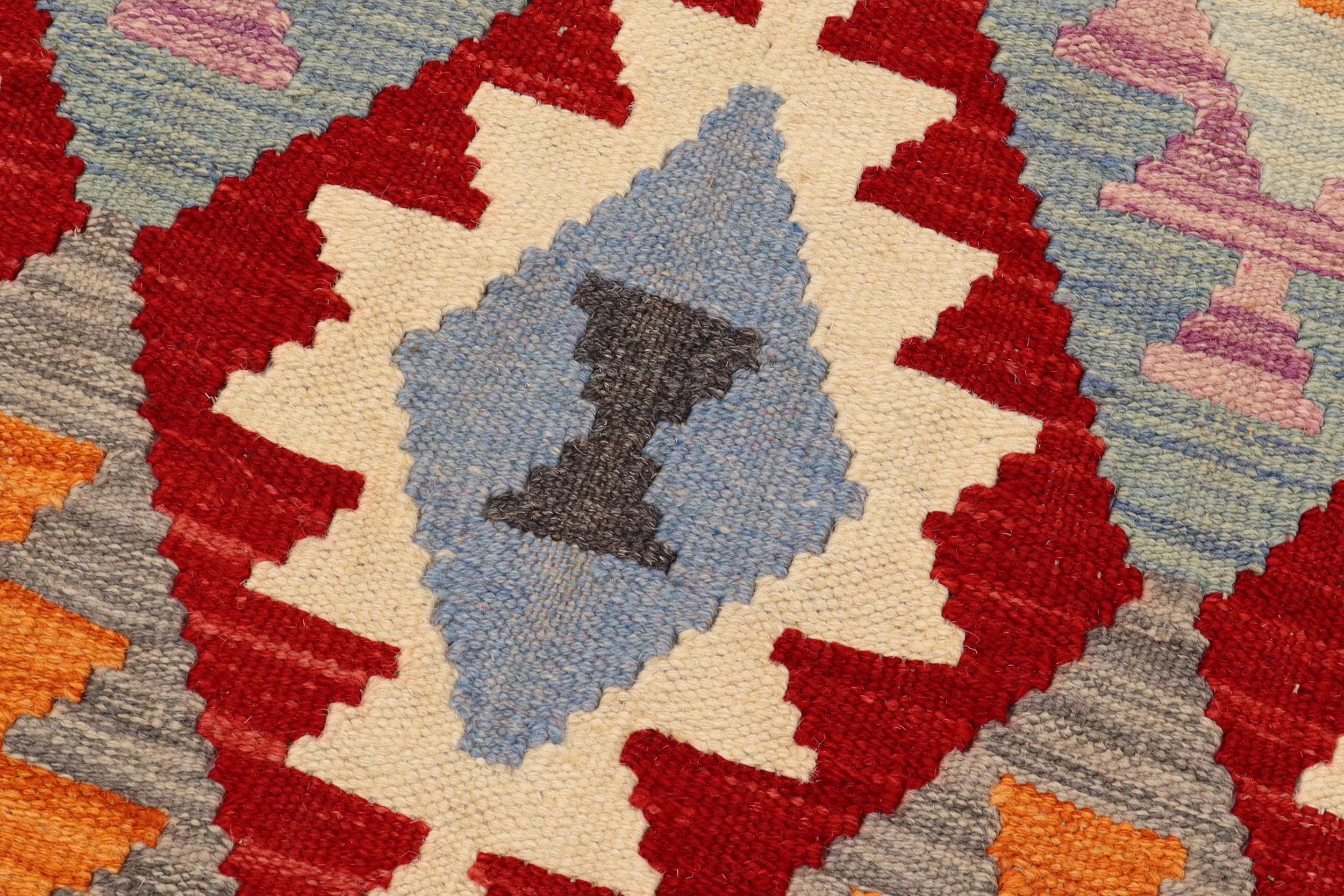 handmade Geometric Kilim Red Blue Hand-Woven RUNNER 100% WOOL area rug 3 x 6