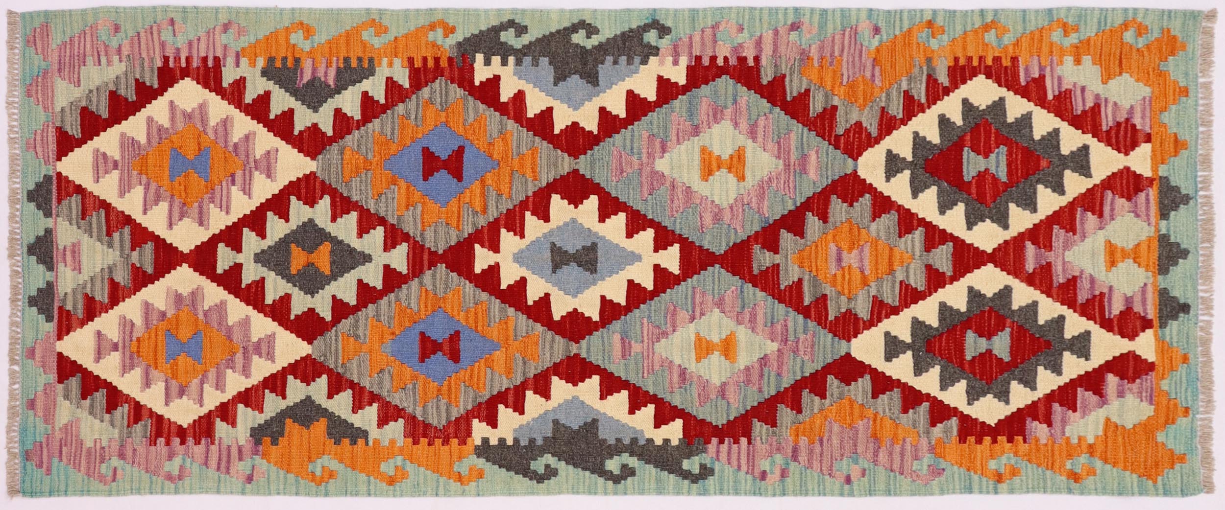 handmade Geometric Kilim Red Blue Hand-Woven RUNNER 100% WOOL area rug 3 x 6
