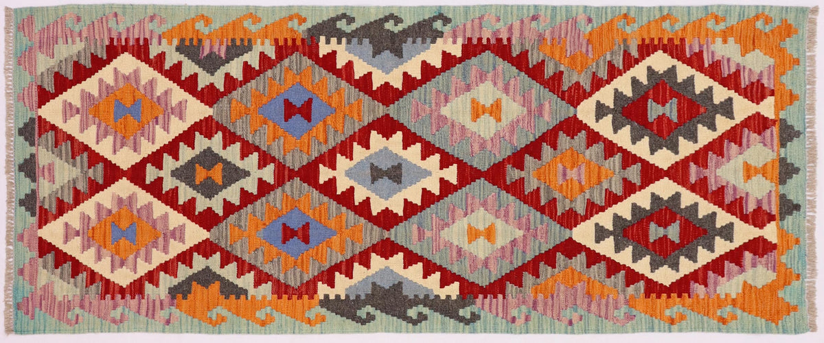 handmade Geometric Kilim Red Blue Hand-Woven RUNNER 100% WOOL area rug 3 x 6