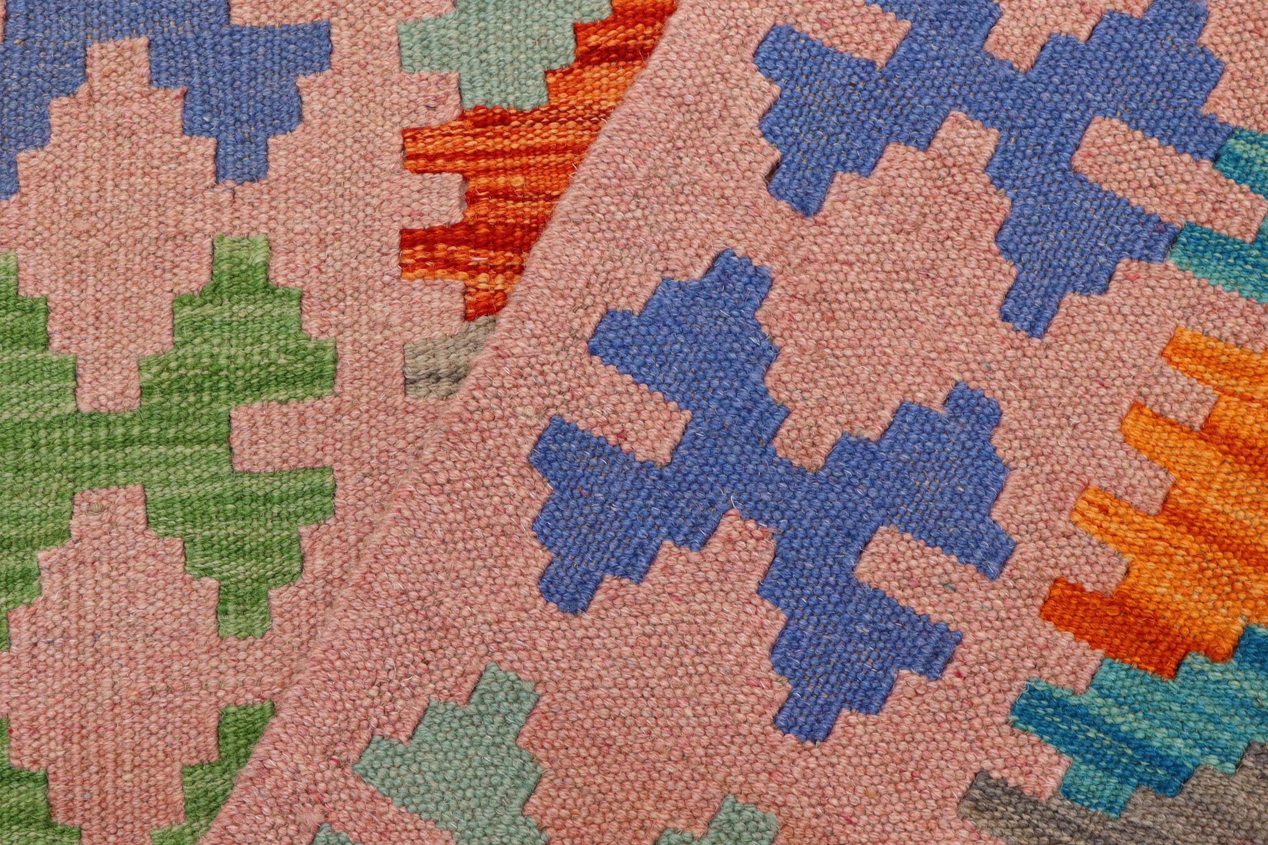 handmade Geometric Kilim Rust Pink Hand-Woven RUNNER 100% WOOL area rug 3' x 6'