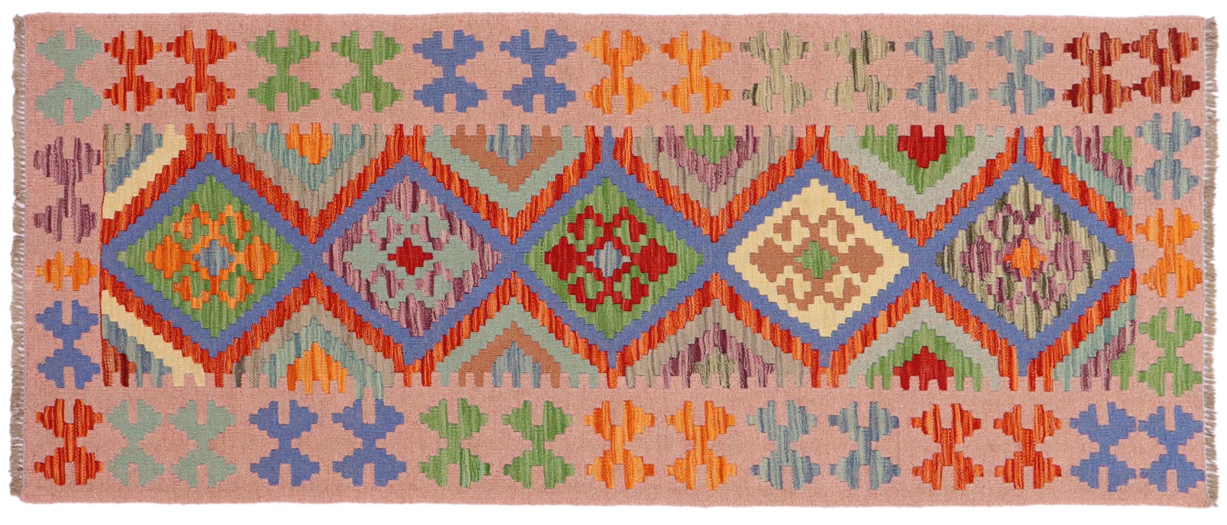 handmade Geometric Kilim Rust Pink Hand-Woven RUNNER 100% WOOL area rug 3' x 6'