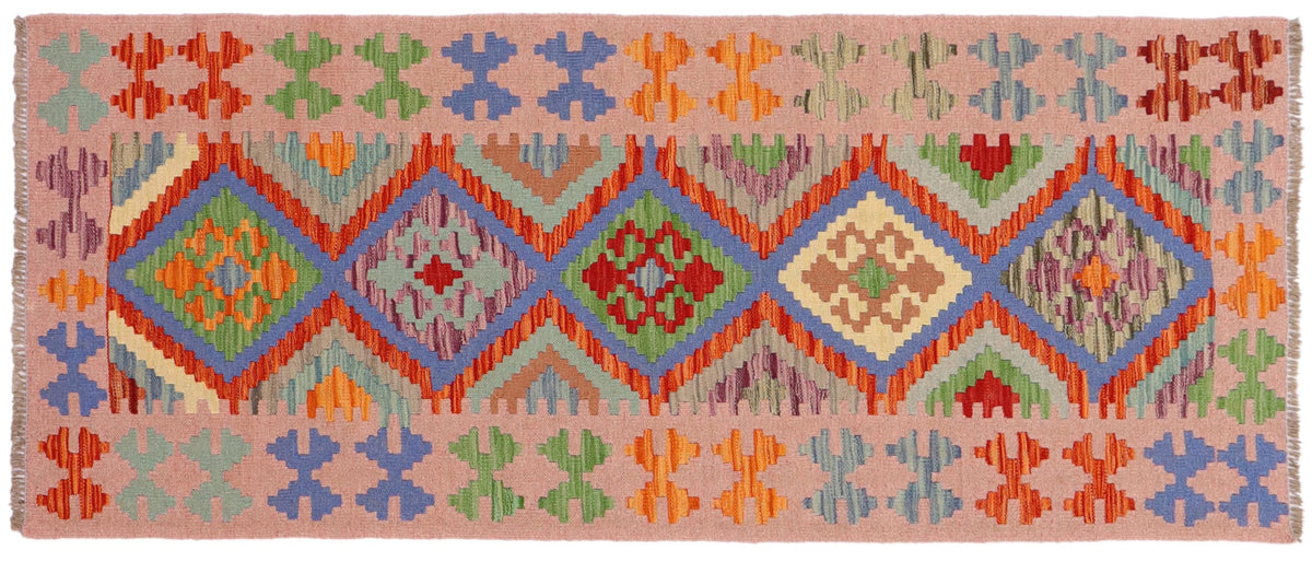 handmade Geometric Kilim Rust Pink Hand-Woven RUNNER 100% WOOL area rug 3' x 6'