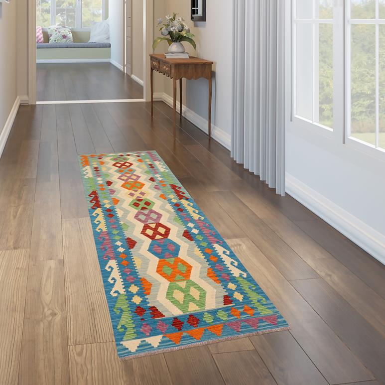 Flat Weave Kilim Antique Navaho Vintage handmade Geometric Kilim Beige Blue Hand-Woven Runner 100% Wool Area Rug 3x9 