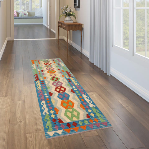 handmade Geometric Kilim Beige Blue Hand-Woven RUNNER 100% WOOL area rug 3' x 9'