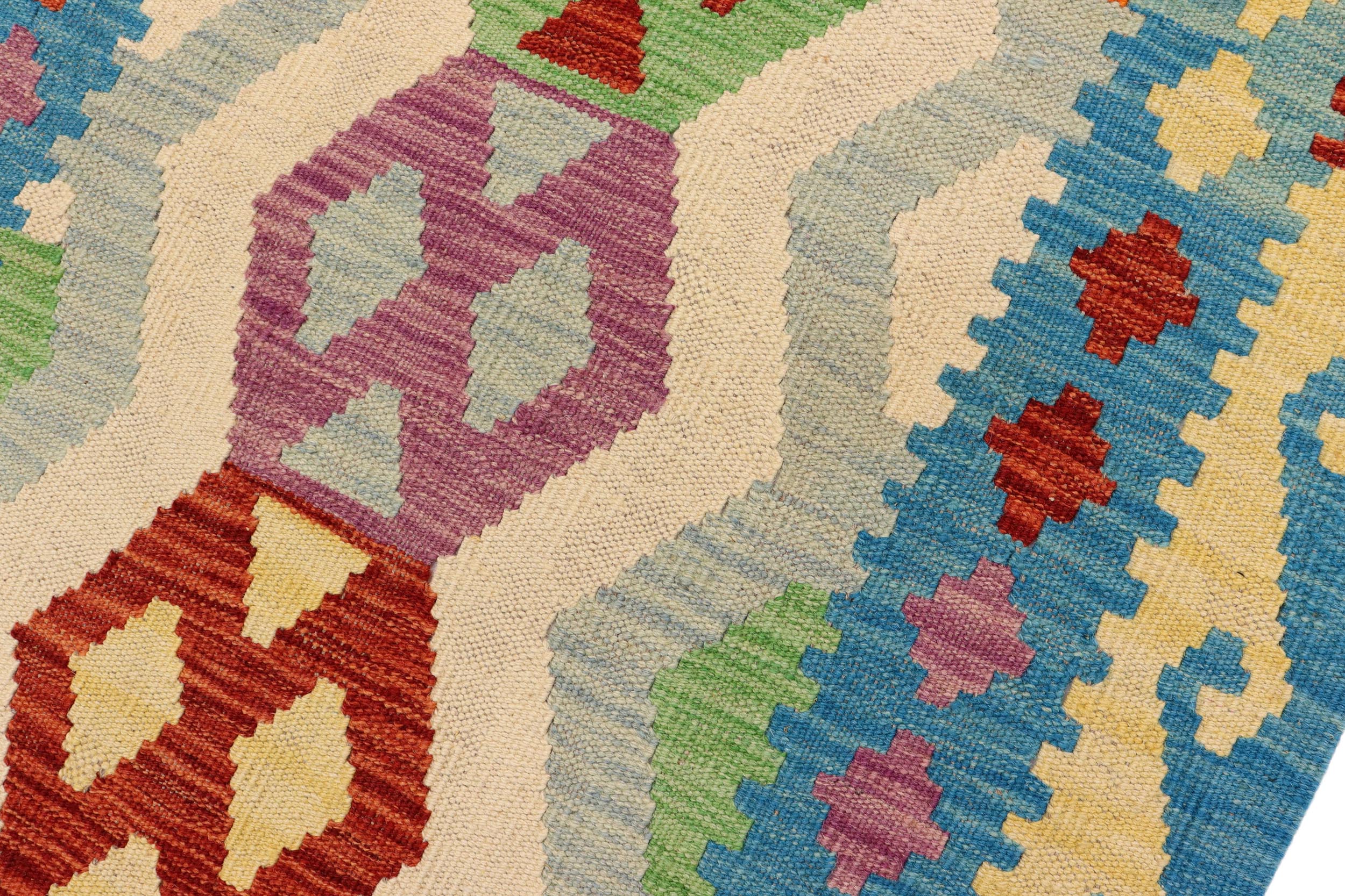 handmade Geometric Kilim Beige Blue Hand-Woven RUNNER 100% WOOL area rug 3' x 9'