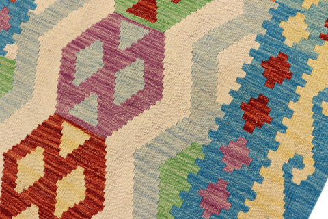 handmade Geometric Kilim Beige Blue Hand-Woven RUNNER 100% WOOL area rug 3' x 9'