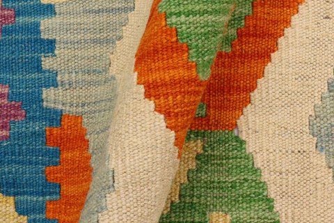 handmade Geometric Kilim Beige Blue Hand-Woven RUNNER 100% WOOL area rug 3' x 9'