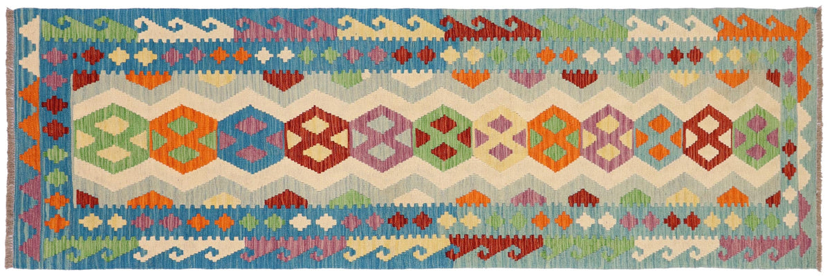 handmade Geometric Kilim Beige Blue Hand-Woven RUNNER 100% WOOL area rug 3' x 9'