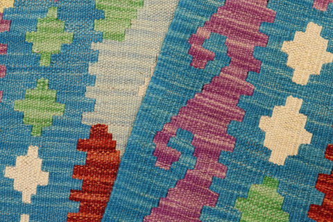 handmade Geometric Kilim Beige Blue Hand-Woven RUNNER 100% WOOL area rug 3' x 9'