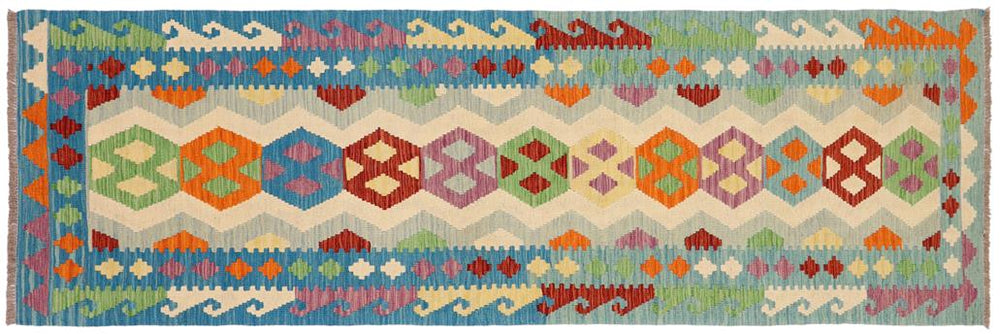 Flat Weave Kilim Antique Navaho Vintage handmade Geometric Kilim Beige Blue Hand-Woven Runner 100% Wool Area Rug 3x9 