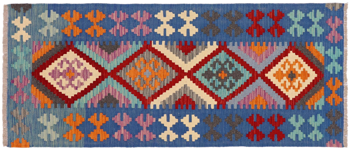 handmade Geometric Kilim Red Blue Hand-Woven RUNNER 100% WOOL area rug 3' x 6'