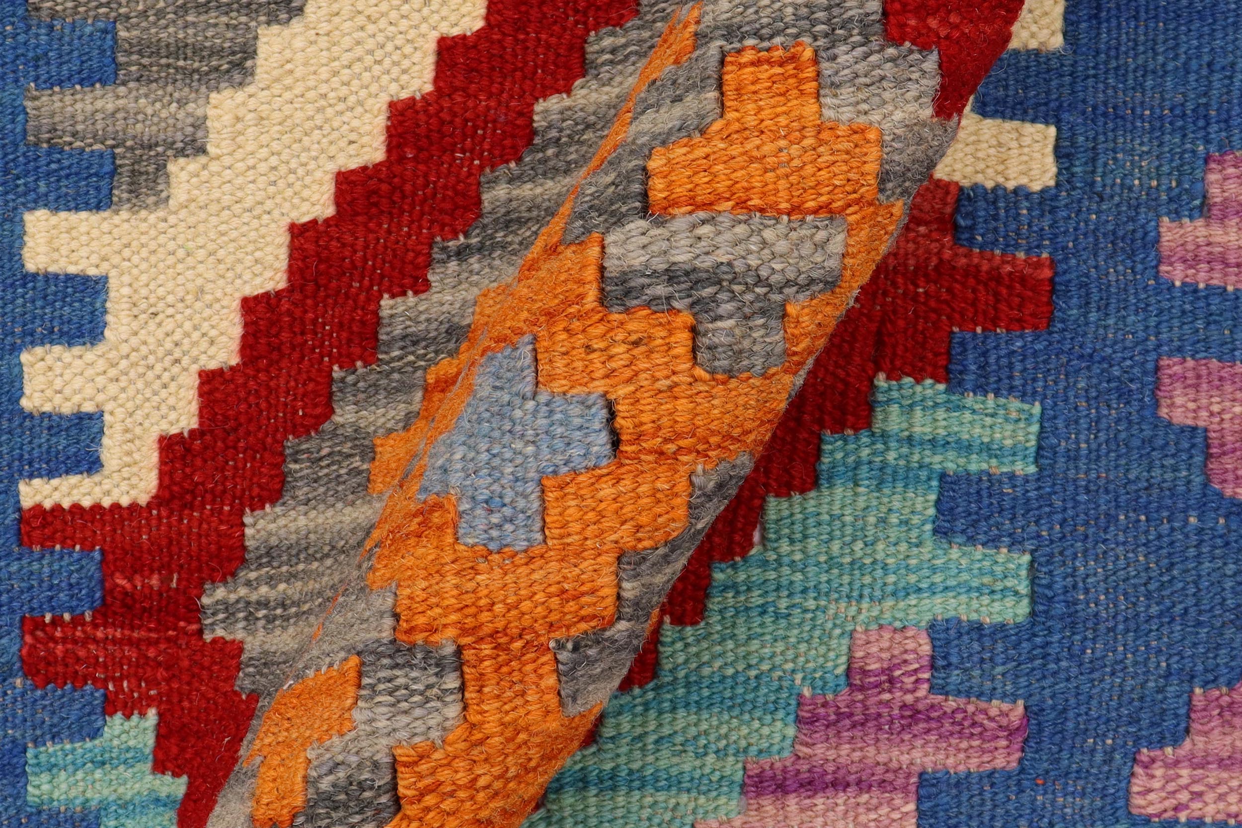 handmade Geometric Kilim Red Blue Hand-Woven RUNNER 100% WOOL area rug 3' x 6'