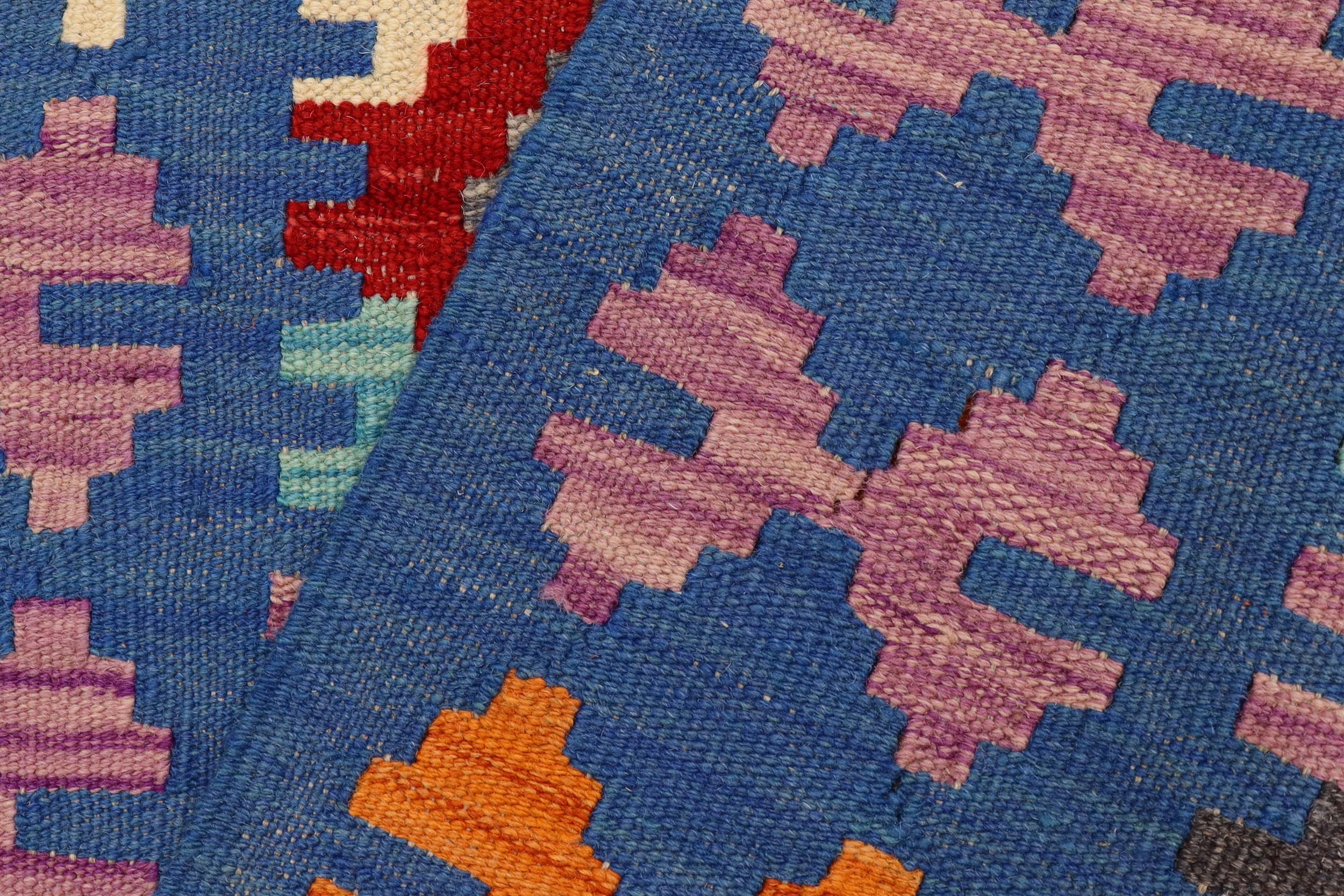 handmade Geometric Kilim Red Blue Hand-Woven RUNNER 100% WOOL area rug 3' x 6'