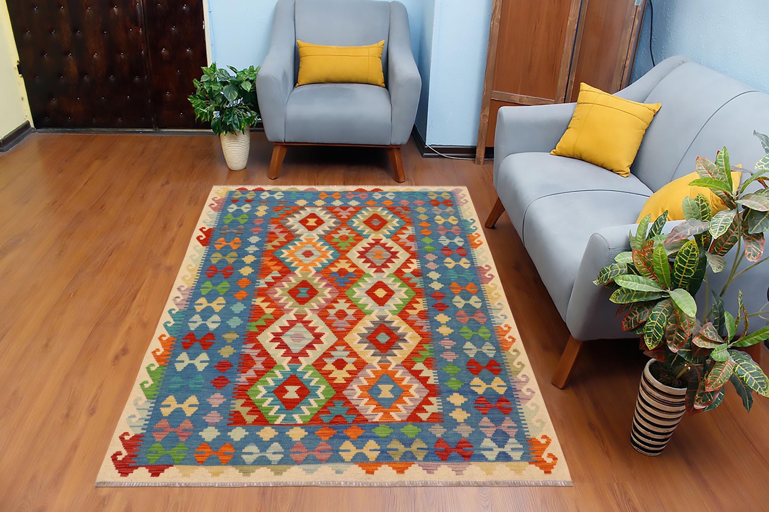 handmade Geometric Kilim Rust Blue Hand-Woven RECTANGLE 100% WOOL area rug 5x6