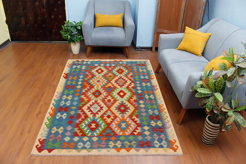 handmade Geometric Kilim Rust Blue Hand-Woven RECTANGLE 100% WOOL area rug 5x6