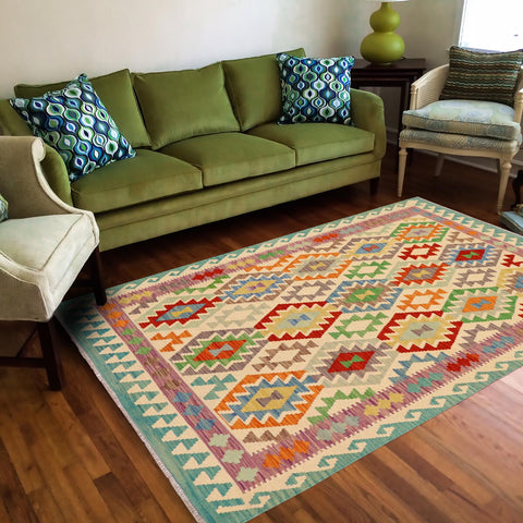 handmade Geometric Kilim Beige Rust Hand-Woven RECTANGLE 100% WOOL area rug 5 x 7