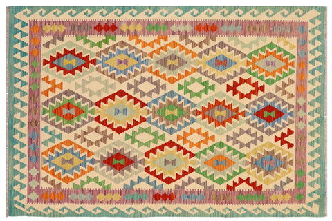 handmade Geometric Kilim Beige Rust Hand-Woven RECTANGLE 100% WOOL area rug 5 x 7