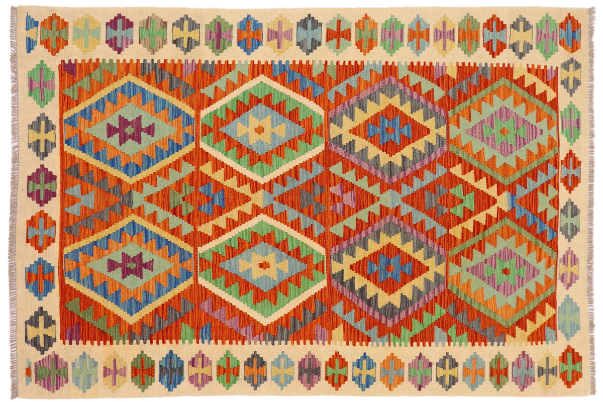 handmade Geometric Kilim Rust Beige Hand-Woven RECTANGLE 100% WOOL area rug 5x6