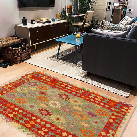 handmade Geometric Kilim Blue Rust Hand-Woven RECTANGLE 100% WOOL area rug 5x6