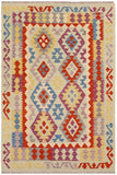 Flat Weave Kilim Antique Navaho Vintage handmade Geometric Kilim Blue Rust Hand-Woven Rectangle 100% Wool Area Rug 4x5 