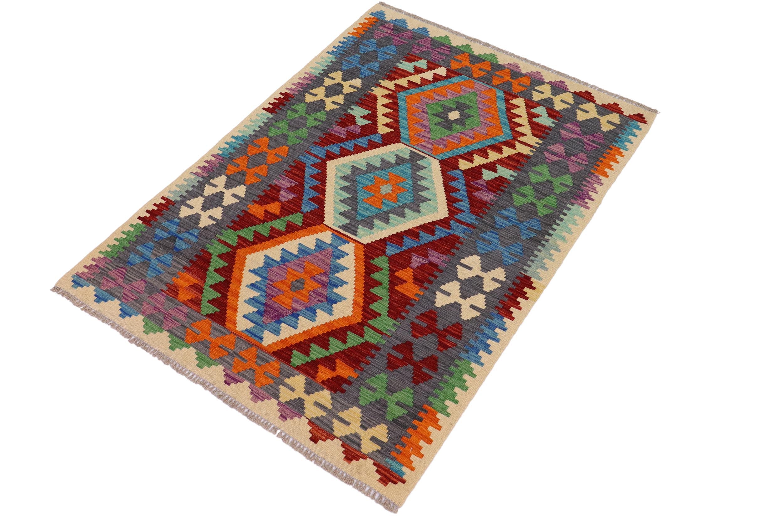 handmade Geometric Kilim Red Gray Hand-Woven RECTANGLE 100% WOOL area rug 3' x 5'